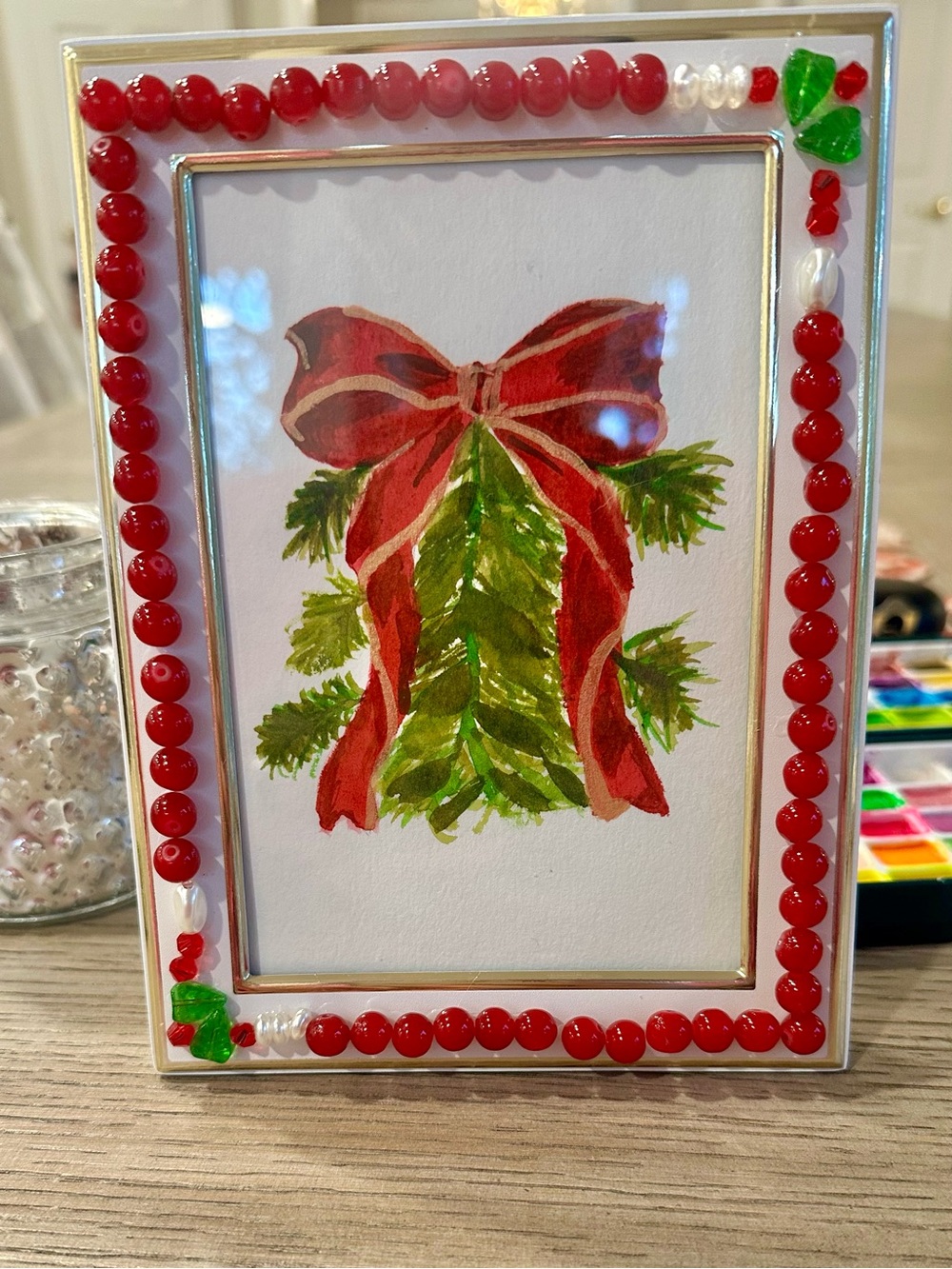 Hand Crafted Holiday Beaded Picture Frame with Watercolor Bow and Greenery